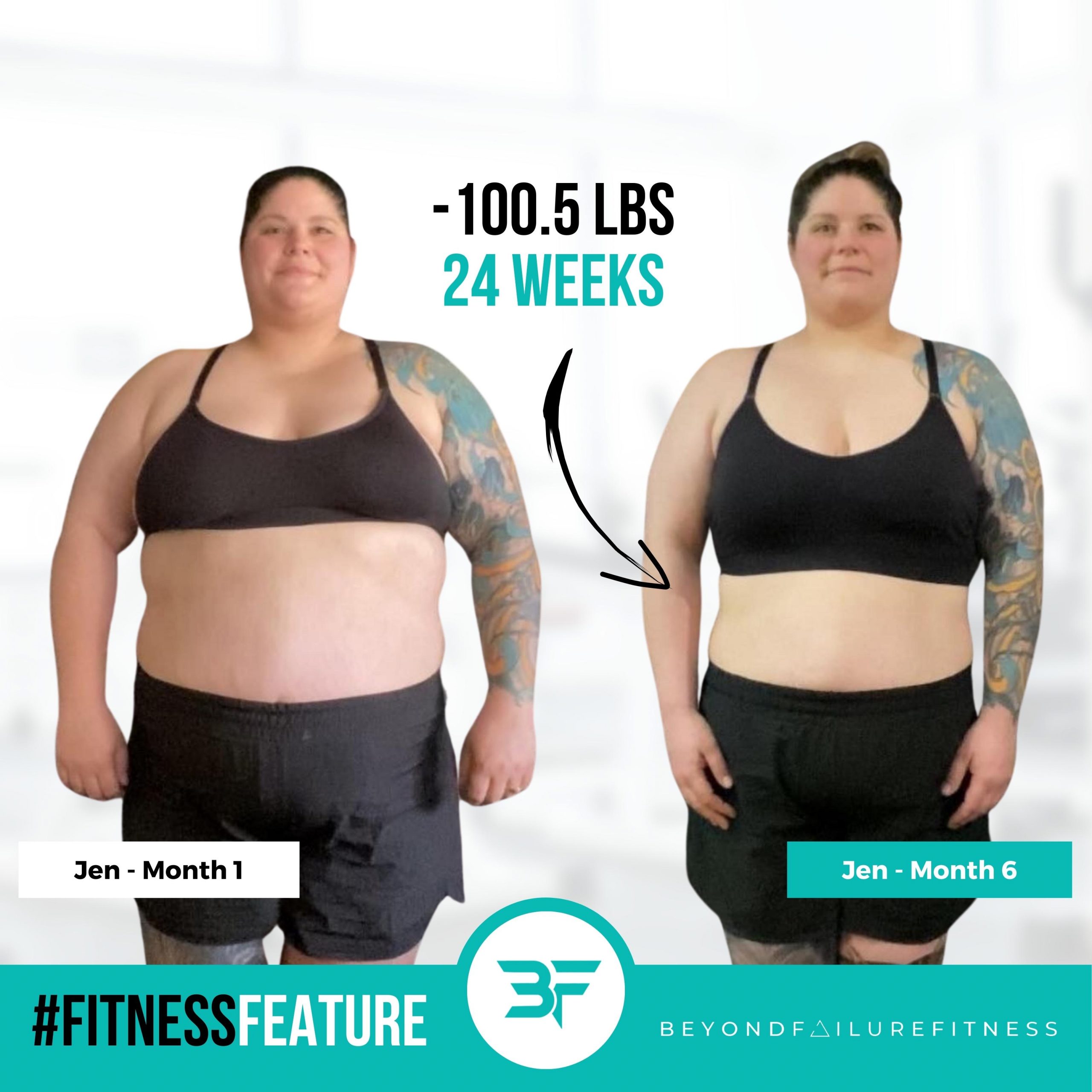 Beyond Failure client Jen with an amazing 100 pound weight loss transformation.